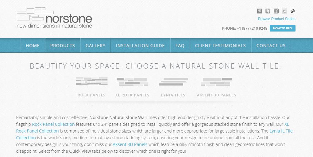 Screenshot of Norstone's website showing product navigation